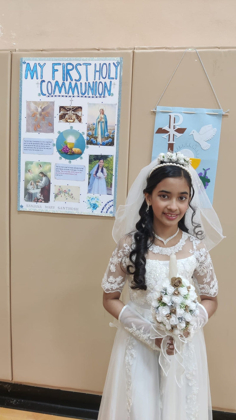 Sanjana in her custom Kerala-inspired communion gown by Studio Ribbons