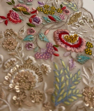 Resham EmbroideryColorful silk thread embroidery, floral or geometric designs, subtle elegance.