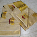 Golden Tissue Stripes Saree with Lotus Embroidery & Blouse Piece | Onam Favourite