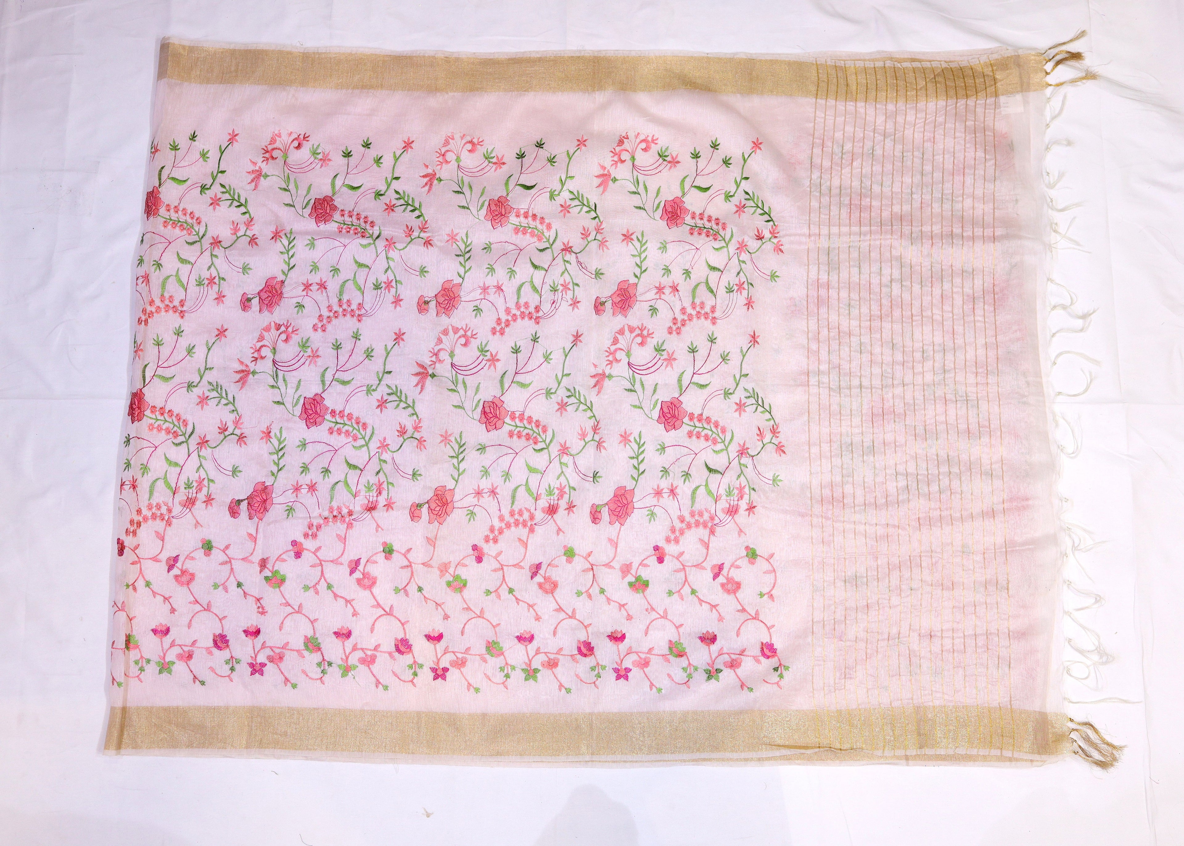 Semi Silk Saree with Floral Embroidery & Zari Border