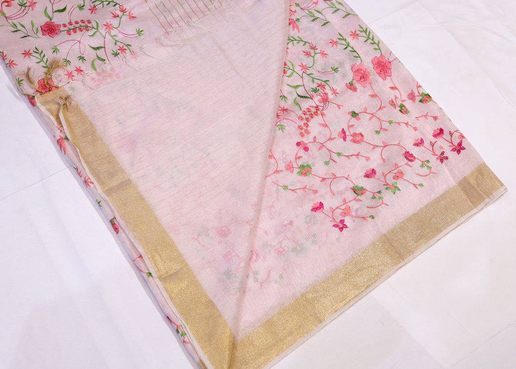 Semi Silk Saree with Floral Embroidery & Zari Border