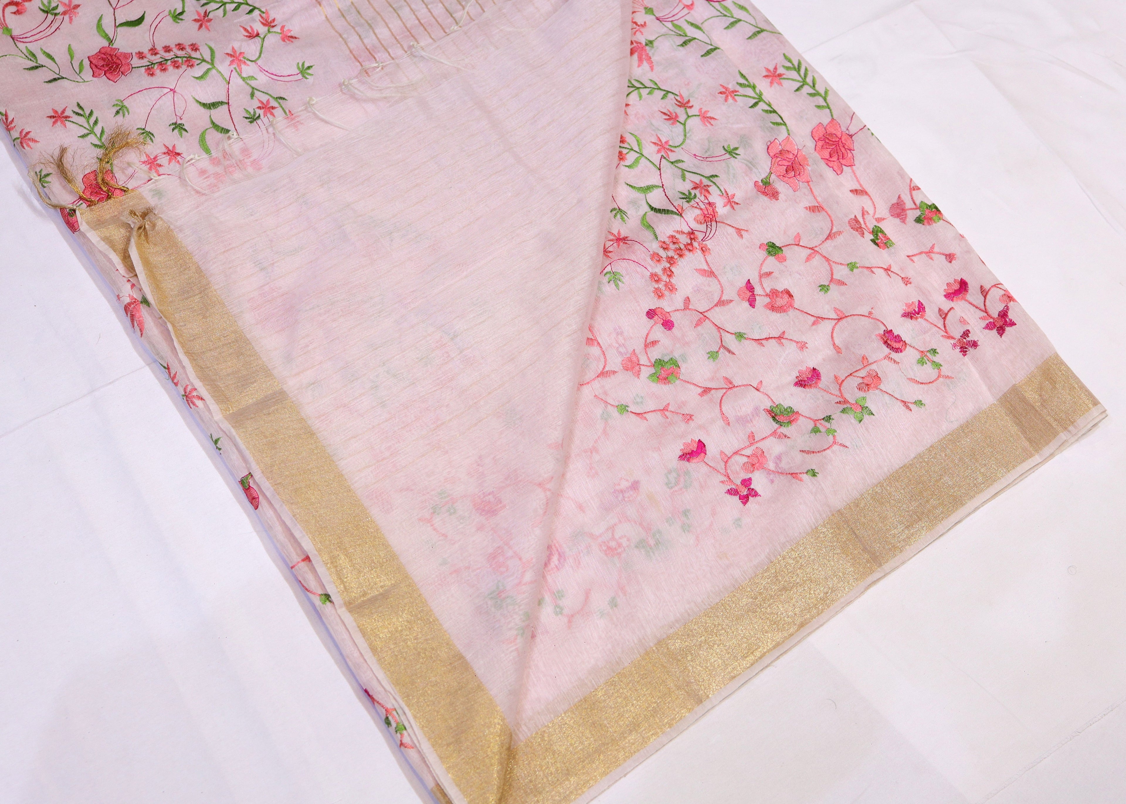 Semi Silk Saree with Floral Embroidery & Zari Border