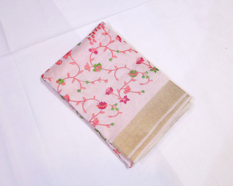 Semi Silk Saree with Floral Embroidery & Zari Border