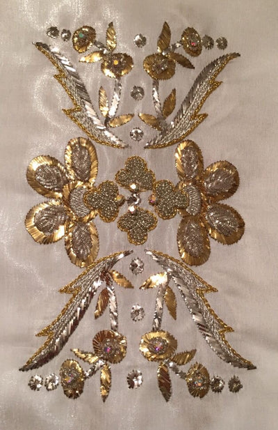 Mukaish WorkTiny metallic dots embroidered to create shimmer, popular in Lucknow.