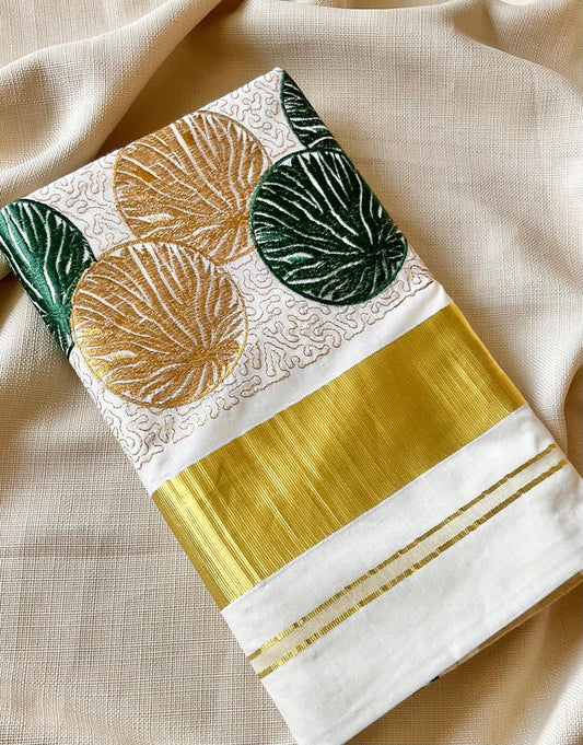 Onam Kerala cotton saree with Zari and thread work | Studio Ribbons