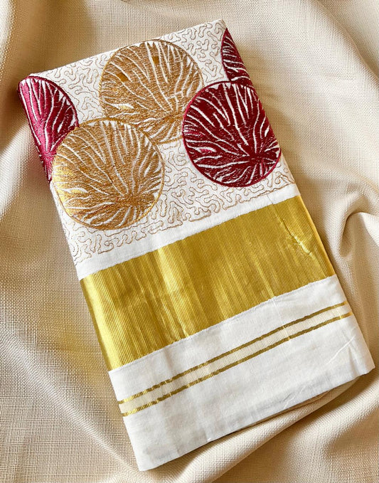 Onam Kerala cotton saree with Zari and thread work | Studio Ribbons