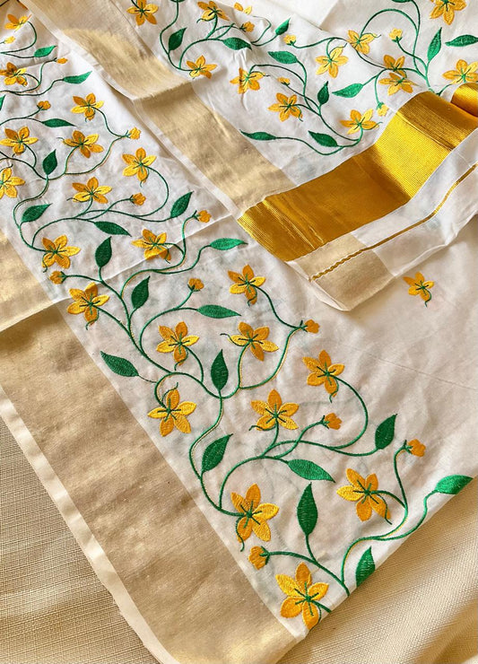 Onam Kerala embroidery cotton saree | Studio Ribbons