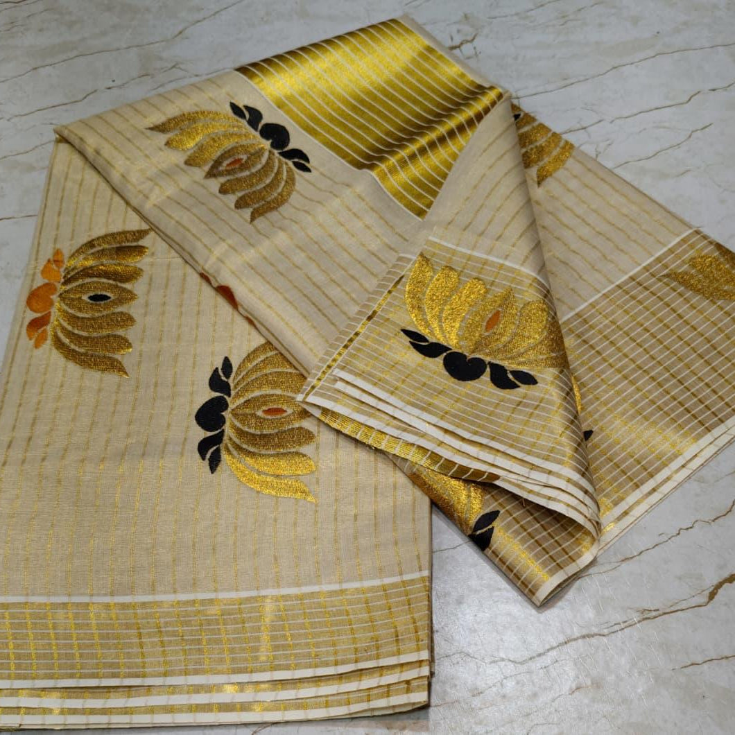 Golden Tissue Stripes Saree with Highlighted Lotus Embroidery & Blouse Piece | Black & Saffron | Onam Favourite
