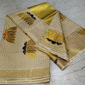 Golden Tissue Stripes Saree with Highlighted Lotus Embroidery & Blouse Piece | Black & Saffron | Onam Favourite - Studio Ribbons