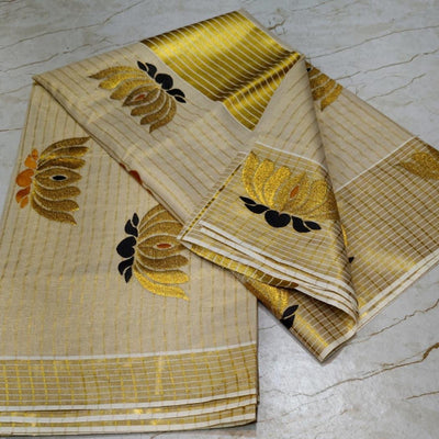 Golden Tissue Stripes Saree with Highlighted Lotus Embroidery & Blouse Piece | Black & Saffron | Onam Favourite - Studio Ribbons