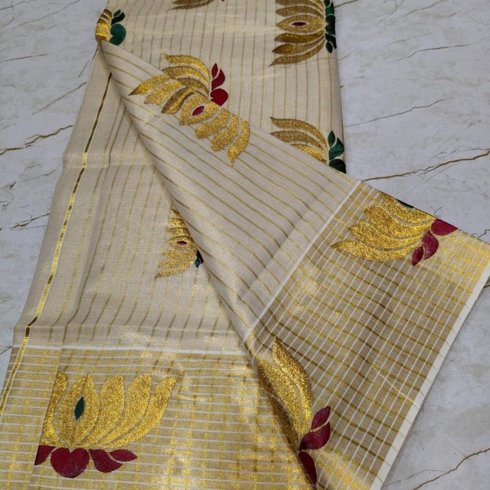Golden Tissue Stripes Saree with Lotus Embroidery & Blouse Piece | Onam Favourite - Studio Ribbons
