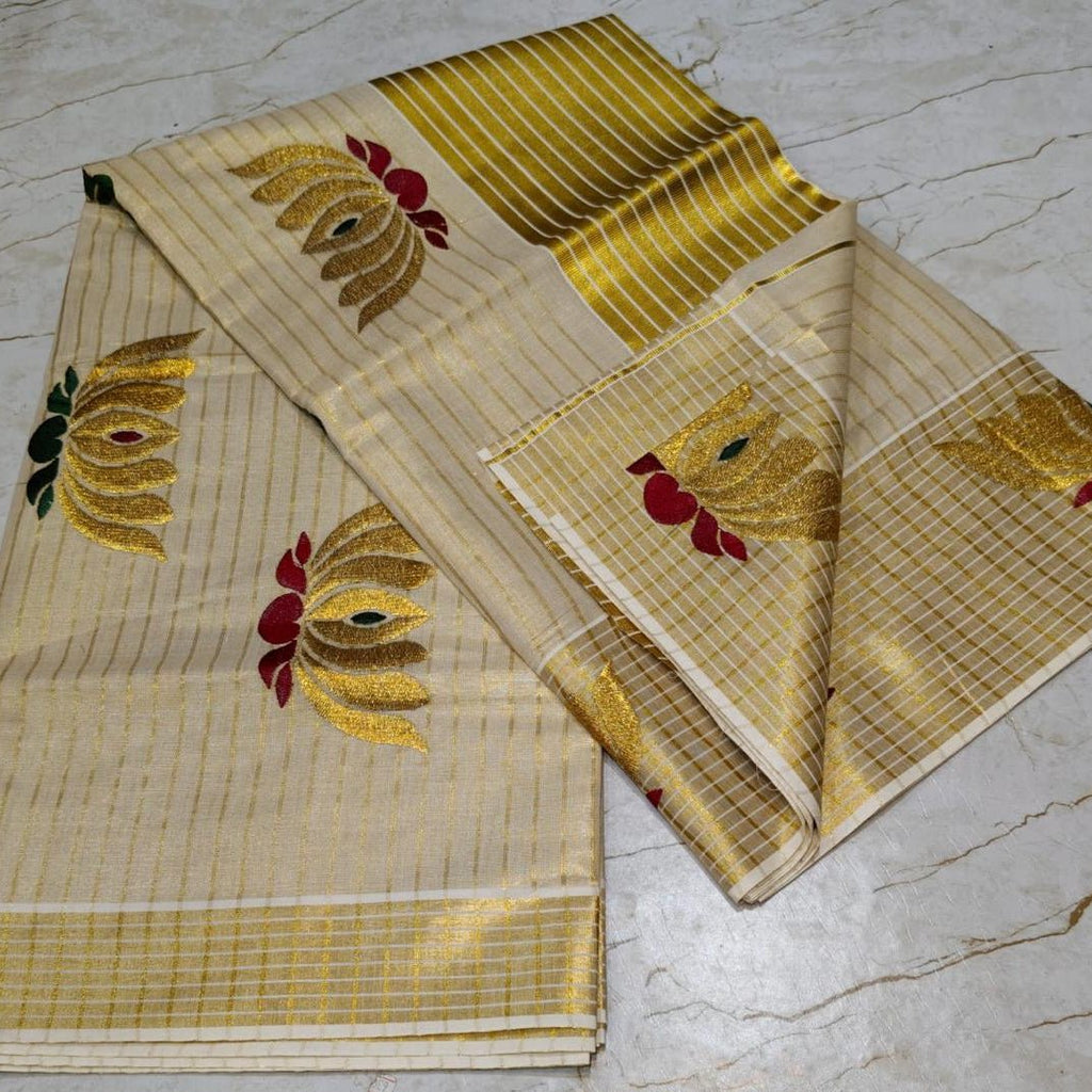 Golden Tissue Stripes Saree with Lotus Embroidery & Blouse Piece | Onam Favourite - Studio Ribbons