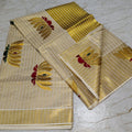 Golden Tissue Stripes Saree with Lotus Embroidery & Blouse Piece | Onam Favourite - Studio Ribbons