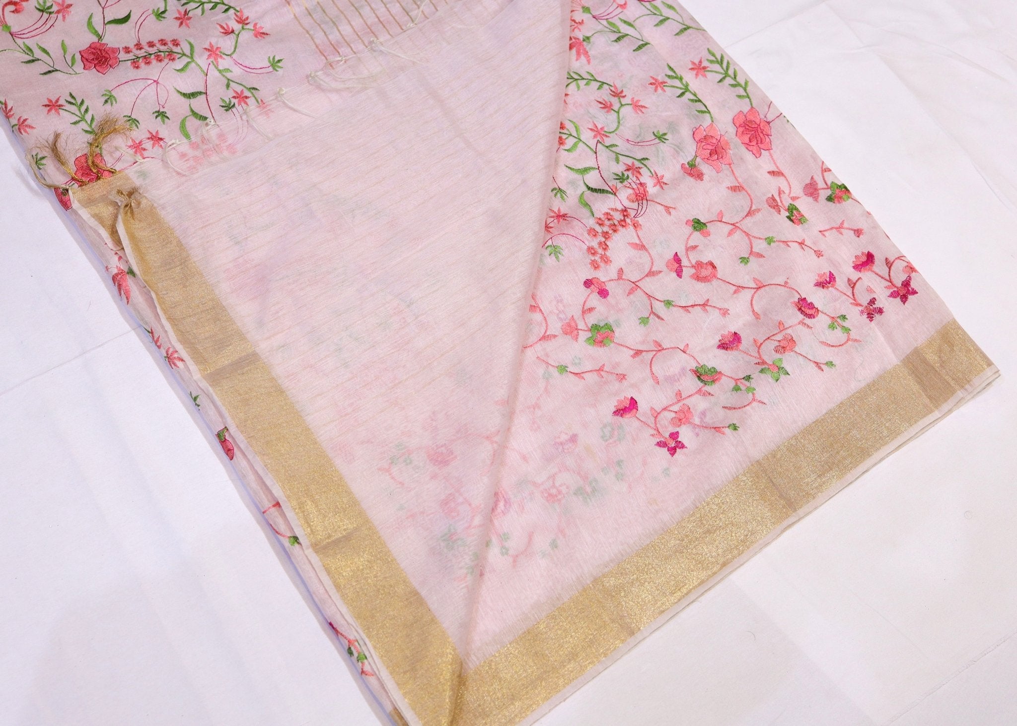 Semi Silk Saree with Floral Embroidery & Zari Border - Studio Ribbons