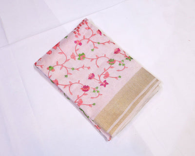 Semi Silk Saree with Floral Embroidery & Zari Border - Studio Ribbons