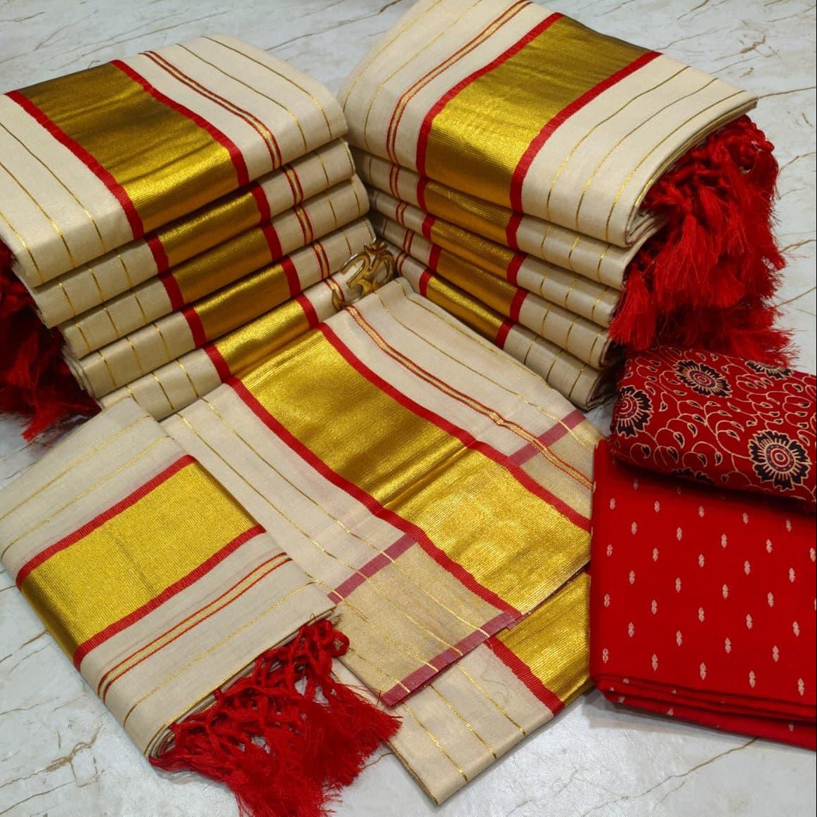 Special Quality Set Mundu with Blouse – Golden Tissue with Kunjalam - Studio Ribbons